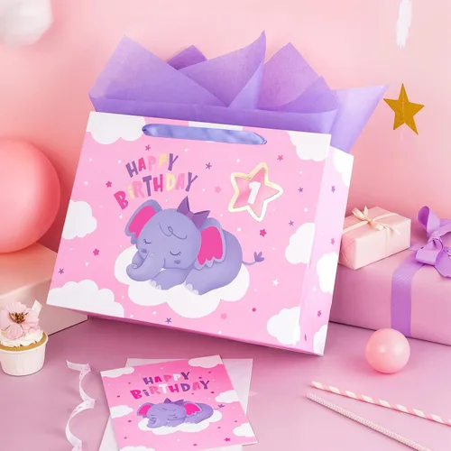 Vista 6 de WRAPAHOLIC Bolsa de regalo grande de 13 pulgadas con tarjeta y papel de seda, adorable bolsa de regalo de elefante para bebé, baby shower, fiesta