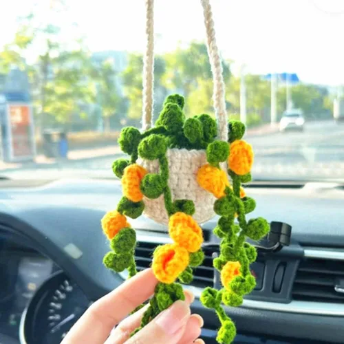 Vista 8 de Surakey Linda planta colgante de ganchillo para automóvil, planta de punto, colgador de espejo de coche, espejo retrovisor interior del automóvil