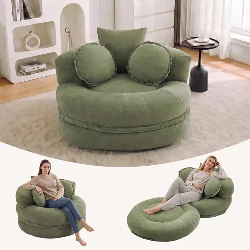 Vista 19 de Boneless Convertible Round Floor Sofa Chair with Expandable Seat, Beige Oversized Lounge Seating, High-density Foam Comfort, Reading Chair, No