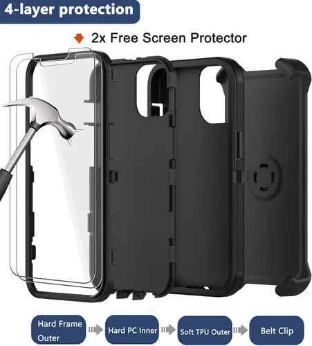 Vista 3 de Funda para iPhone 13 con funda de clip para cinturón, 2 protectores de pantalla, resistente grado militar, cuerpo completo, a prueba de golpes, a