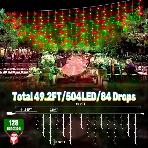 Vista 2 de Luces de carámbano de Navidad de 49 pies, 128 funciones, para exteriores, con 504 LED, 8 modos y temporizador, cortina de luces para exteriores
