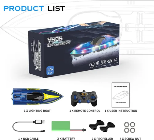 Vista 6 de Akargol Bote RC con LED - Barco de control remoto para piscinas y lagos 2.4 GHz, barcos RC con 2 baterías recargables, cuerpo completamente