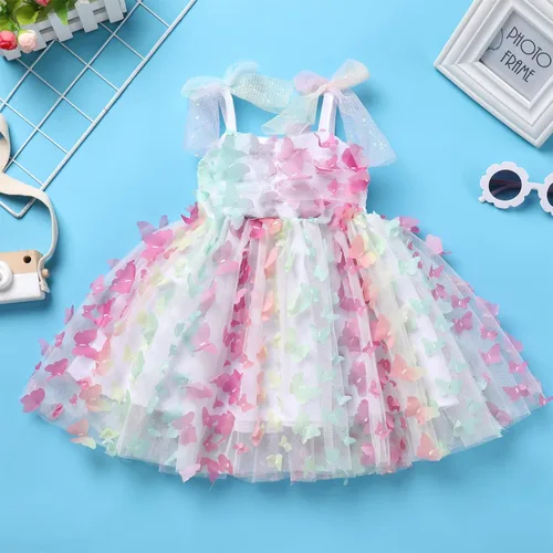 Vista 6 de ODASDO Vestido de fiesta de cumpleaños para niñas pequeñas, con lazo, tirantes delgados, tutú de tul, vestido de princesa, concurso de fiesta