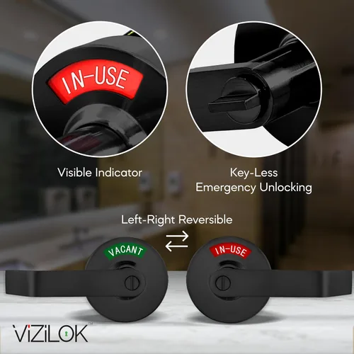 Vista 3 de VIZILOK Cerradura de puerta comercial para privacidad del baño, indicador ocupado vacante de alta resistencia en negro mate, grado ANSi 2, perfecto