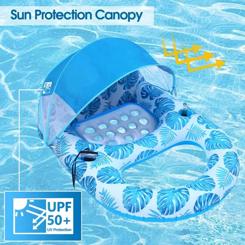 Vista 2 de COOLCOOLDEE Flotador de Piscina con Toldo UPF50+, Flotadores de Piscina Extra Grandes para Adultos de Alta Resistencia, Flotador Inflable