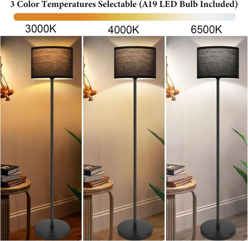 Vista 2 de Lámpara de pie negra de 65 pulgadas para dormitorio, sala de estar, lámpara de pie con pantalla negra, moderna lámpara de pie alta con bombillas E26