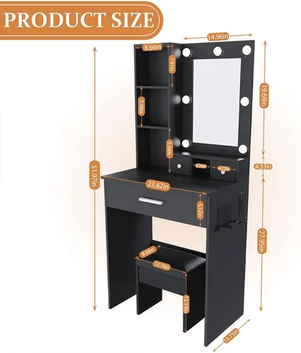 Vista 7 de Pequeño juego de tocador de maquillaje con espejo, tocador de maquillaje compacto con luces LED ajustables y toma de corriente, para dormitorios