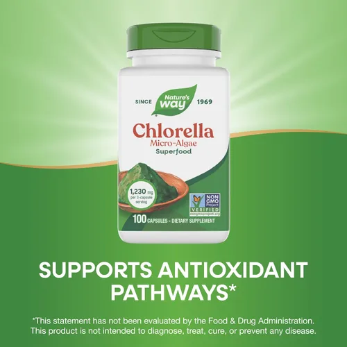 Vista 4 de Nature's Way Chlorella Micro-Algae, Superfood, Supports Antioxidant Pathways*, 1,230 mg per 3-Capsule Serving, Vegetarian, Non-GMO Project Verified