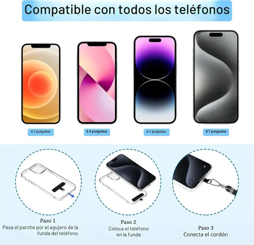 Vista 5 de Cordon para teléfono celular, cordon cruzado para teléfono con correa de cuello ajustable y paquete de 2 correas de muñeca para teléfono con parches