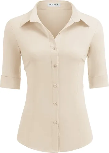Vista 16 de HOTOUCH Camisas básicas con botones para mujer, manga 3/4, elásticas, con botones, camisa de vestir ajustada para camarera
