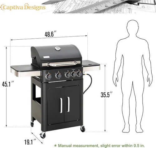 Vista 6 de Captiva Designs Parrilla de barbacoa de gas propano de 4 quemadores con quemador lateral y rejillas de hierro fundido esmaltado de porcelana, salida