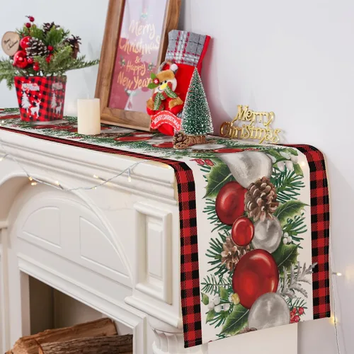 Vista 3 de Siilues Camino de mesa de Navidad, decoración de bolas de Navidad a cuadros, camino de Navidad para mesa, decoración de invierno de temporada