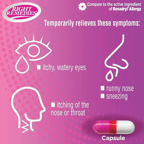 Vista 5 de RIGHT REMEDIES Cápsulas para aliviar la alergia, antihistamínico, difenhidramina HCL 25 mg, alivia las alergias estacionales en interiores