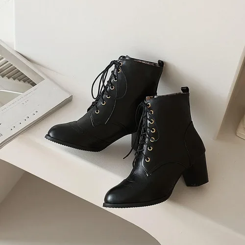 Vista 3 de VOKLIN Botines de tacón medio grueso para mujer, con puntera redonda, con cordones, estilo Oxford occidental, con cordones