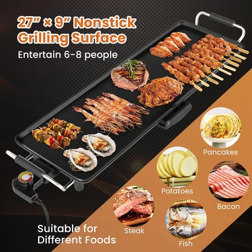 Vista 4 de COSTWAY Plancha Eléctrica de 27", Parrilla Teppanyaki Extra Grande con Temperatura Ajustable, Superficie Antiadherente, Mangos Aislados y Bandeja