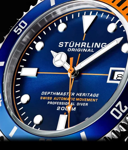 Vista 3 de Stuhrling Original DEPTHMASTER - Reloj de buceo profesional de acero inoxidable automático suizo para hombre, resistente al agua, pulsera cepillada