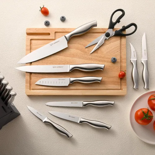 Vista 6 de Juego de cuchillos de cocina de 15 piezas con afilador integrado, juego de bloques de cuchillos de acero inoxidable alemán, apto para lavavajillas