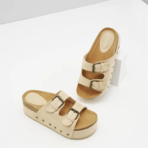 Vista 6 de Women's Cork Footbed Slides Dual Buckled Straps Platform Clogs Suede Slip-on Flatform Sandals Comfort Slippers