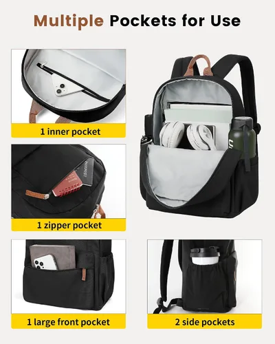 Vista 4 de Vorspack Mochila para hombres y mujeres Mochila ligera básica para libros, mochila grande casual para la universidad, trabajo, viajes, Negro