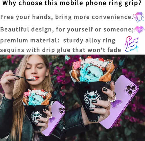 Vista 2 de TACOMEGE Soporte para teléfono con purpurina brillante, diseño de mariposa, color morado para mujeres y niñas, compatible con smartphone, tableta