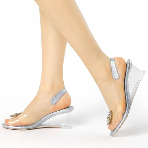 Vista 2 de Allegra K Tacones transparentes con punta abierta y diamantes de imitación para mujer