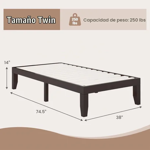 Vista 2 de Giantex Marco de Cama de Plataforma de Madera Individual de 14 Pulgadas, Base de Colchón Minimalista con Madera de Caucho Sólida, Soporte