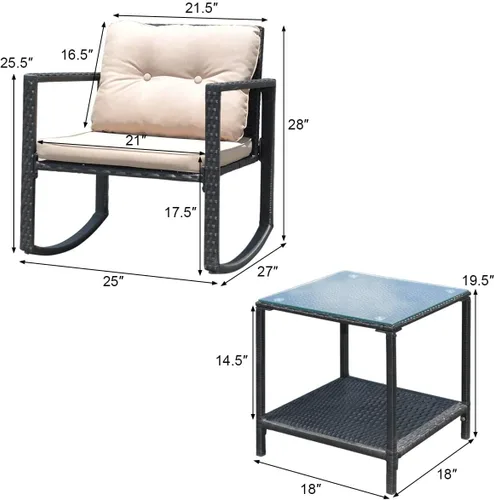 Vista 3 de DORTALA Juego de muebles de patio de 3 piezas, mecedora de ratán y mesa de centro de cristal con cojines, juego de 3 muebles de mimbre