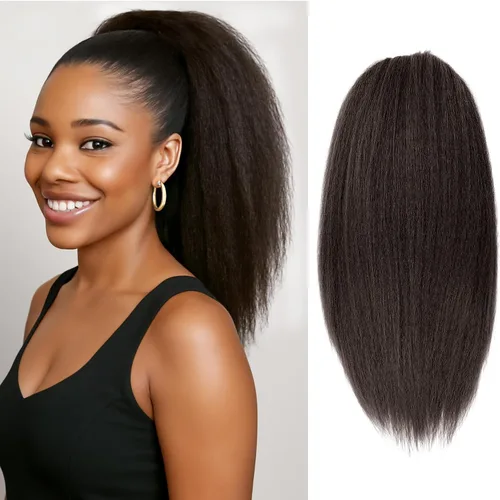 Vista 15 de Cola de caballo recta Yaki de 12 pulgadas con cordón para mujeres negras, sintética, gruesa, recta, longitud del hombro, extensión de cola