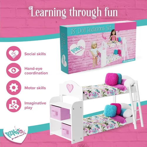 Vista 2 de Litera para muñecas, litera para muñecas de 18 pulgadas, juego de 23 piezas completo con ropa de cama, pijama y estantes, se adapta a muñecas