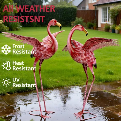 Vista 4 de Natelf Decoraciones de flamenco rosa para patio, estatuas y esculturas de jardín de pájaros altos, adornos de metal para patio al aire libre, juego