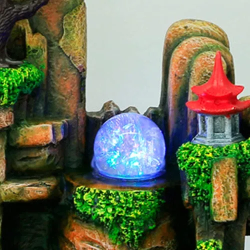 Vista 5 de Fuente de agua de mesa, mini fuente de cascada silenciosa con luces LED coloridas y atomizador, silenciosa rocalla de escritorio para relajación