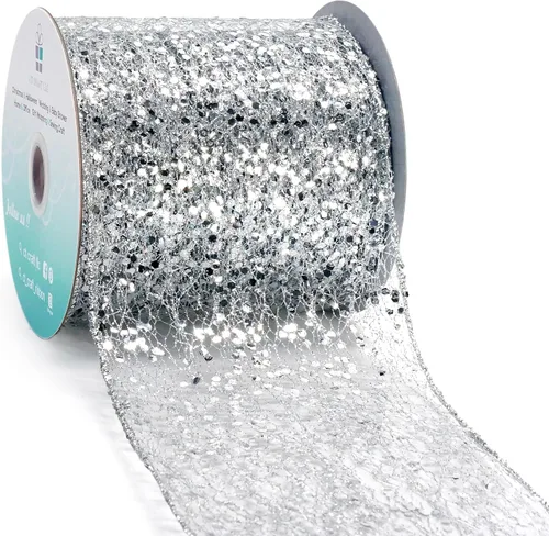 Vista 15 de Cinta con alambre de malla brillante con purpurina de 6 x 10 yardas, color negro para decoración del hogar, lazo para envolver regalos