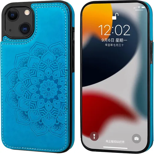 Vista 3 de Vaburs Funda compatible con iPhone 13 con tarjetero y diseño de mandala en relieve, de piel sintética, doble botones, a prueba de golpes, para Azul