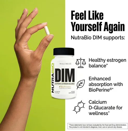 Vista 3 de NutraBio Suplemento DIM, apoya el equilibrio de estrógenos, 100 mg - 60 cápsulas vegetales