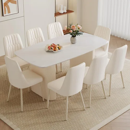 Vista 17 de Juego de mesa de comedor blanco Ebullient para 4, juego de mesa de comedor ovalada de mármol de 67' con 4 sillas de metal, parte superior de grano