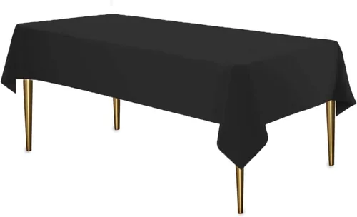 Vista 48 de Party Dimensions Mantel de plástico negro, paquete de 12 manteles rectangulares desechables de 54 x 108 pulgadas para mesas de 6 a 8 pies