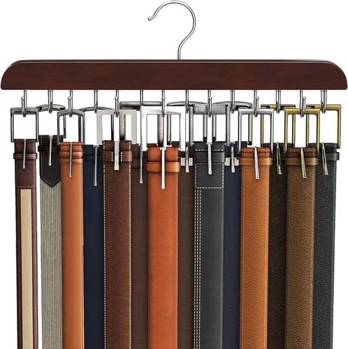 Vista 9 de Percha de cinturón para armario Max 42 cinturones, accesorios de armario de madera resistente con 14 ganchos, organizador de cinturón