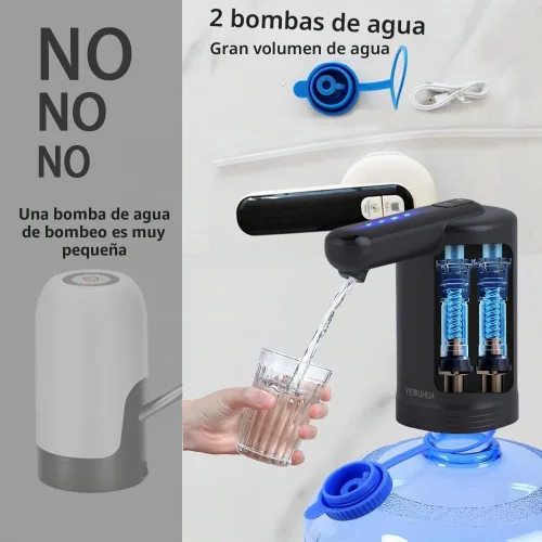 Vista 2 de Bomba automática de agua potable, carga USB, agua eléctrica portátil para 2-5 galones con 2 siliconas, dos bombas de agua integradas (negro)