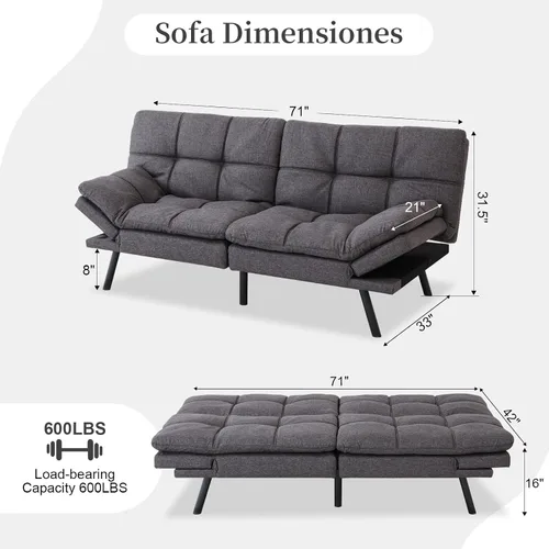 Vista 2 de Opoiar Sofá cama plegable de espuma viscoelástica convertible con reposabrazos y respaldos ajustables para espacios pequeños, oficina, estudio