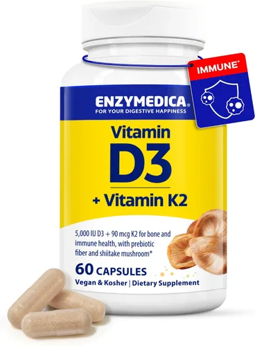 Vista 11 de Enzymedica Vitamina D3 K2, 5000 UI Vegan D3 + 90 mcg MK-7, suplemento a base de plantas con hongos shiitake y fibra prebiótica para apoyo óseo e