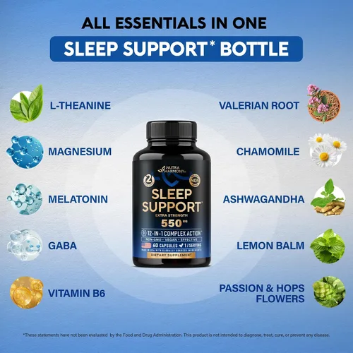 Vista 5 de Pastillas para dormir para adultos de 550 mg - Melatonina 3 mg Raíz de valeriana para dormir L-teanina Magnesio - Suplemento natural