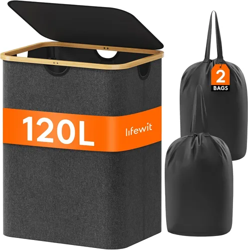 Vista 34 de Lifewit Cesta de lavandería de 80 litros con tapa, cestas de ropa para lavandería con asas de bambú y una bolsa de lavandería extraíble, cesta