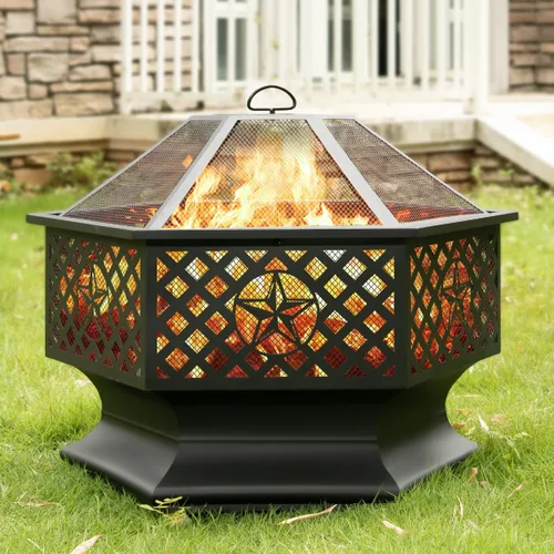 Vista 9 de Panovue - Chimenea hexagonal de 28 pulgadas para quemar madera, con pantalla anti-chispas y atizador, chimenea de metal con forma de hexágono