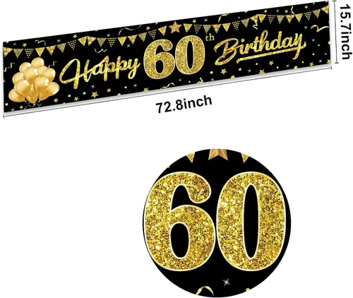 Vista 2 de Cartel de feliz cumpleaños 60 para hombres y mujeres, letrero de cumpleaños número 60 negro y dorado, suministros de fiesta para patio, divertida