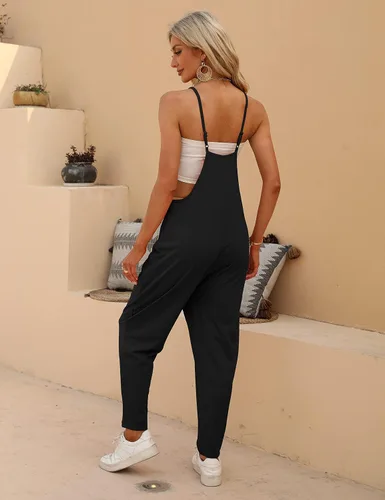 Vista 2 de SeekMe Overoles sueltos con cuello en V para mujer, sin mangas, con tirantes delgados, pantalones largos harén con bolsillos