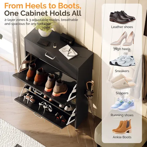 Vista 4 de VINGLI - Armario de zapatos para entrada con 2 cajones abatibles y 1 desplegable 24.8" W Narrow Slim,Modern Black Color,Holds 8–12 Pairs of