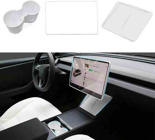 Vista 13 de TOPABYTE - Consola central para accesorios Tesla Modelo Y Modelo 3, 3 unidades, color negro Cup Holder Insert, Screen Edge Protector Frame