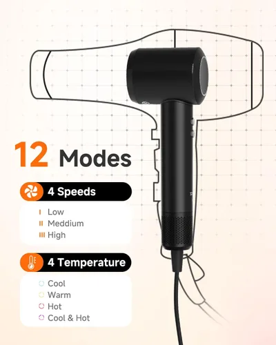 Vista 3 de Secador de pelo profesional con difusor para cabello rizado, secador iónico negativo de 1,312.3 ft para secado rápido, motor sin escobillas de alta