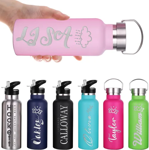 Vista 10 de Botellas de agua personalizadas con tapa de popote de 12/26 onzas, botella de agua deportiva aislada personalizada con grabado láser, botella