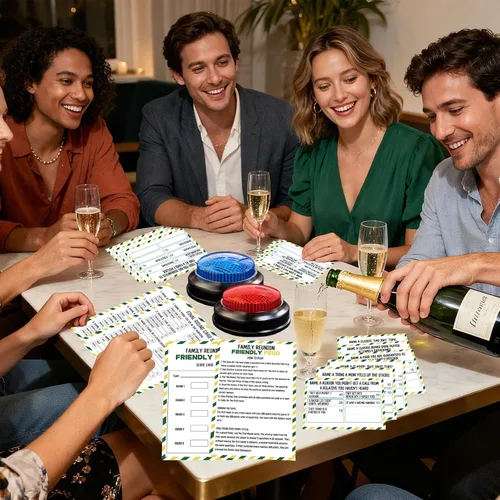 Vista 4 de Juego de Cartas Familiar Amistoso con 2 Timbres de Respuesta, Noche de Juego Familiar Divertido Trivia Quiz para Fiestas de Reuniones Navideñas